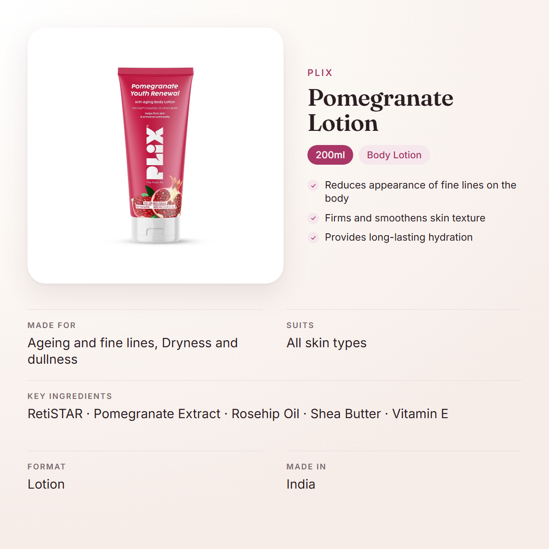 Plix Pomegranate Lotion (200ml) – at a glance: what it is for, who it suits and key ingredients