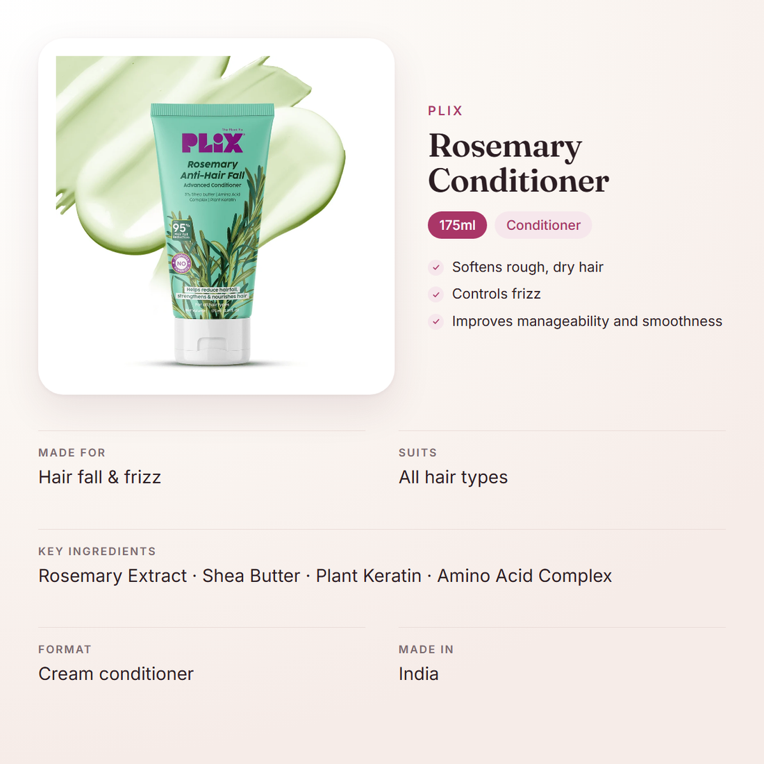 Plix Rosemary Conditioner (175ml) – at a glance: what it is for, who it suits and key ingredients