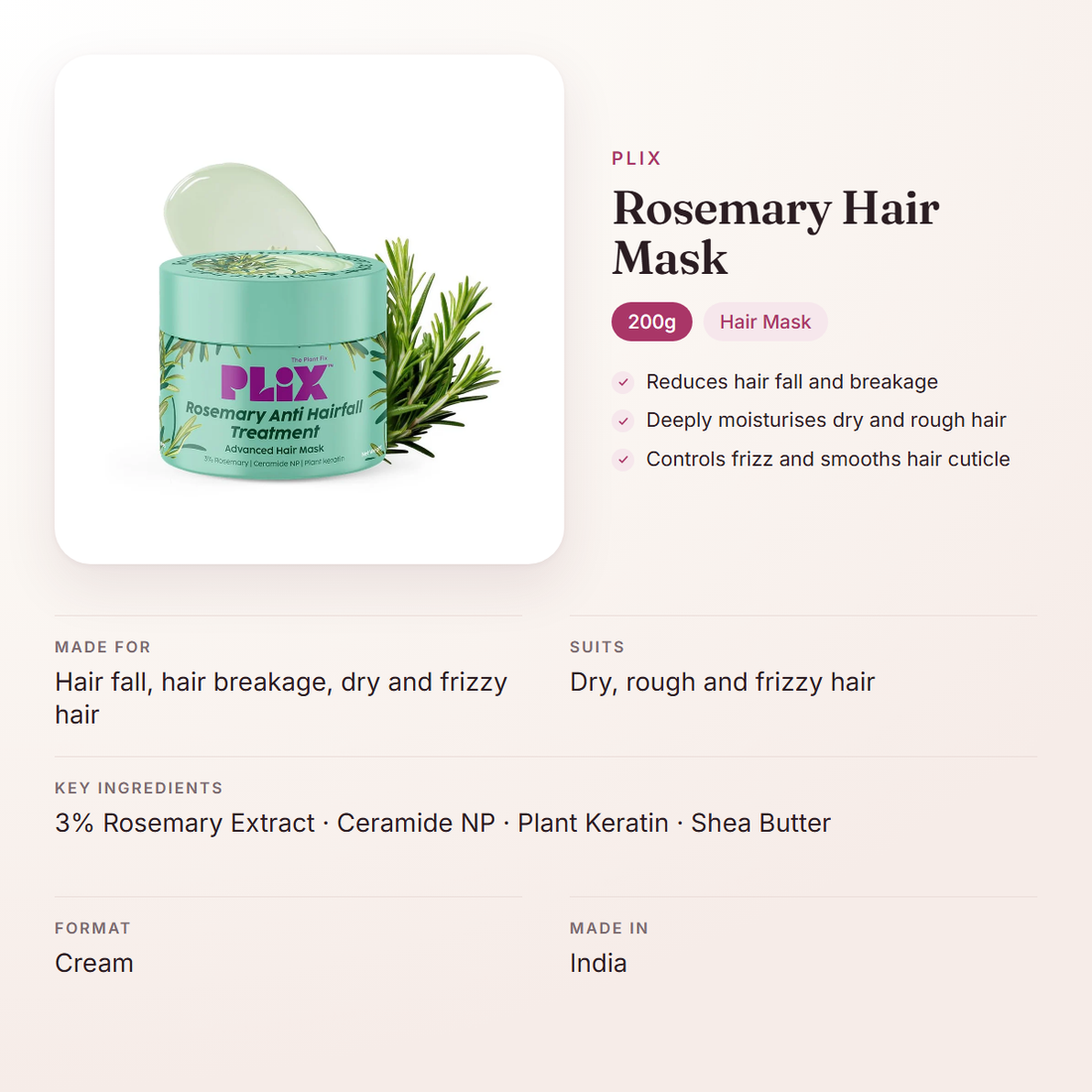 Plix Rosemary Hair Mask (200g) – at a glance: what it is for, who it suits and key ingredients