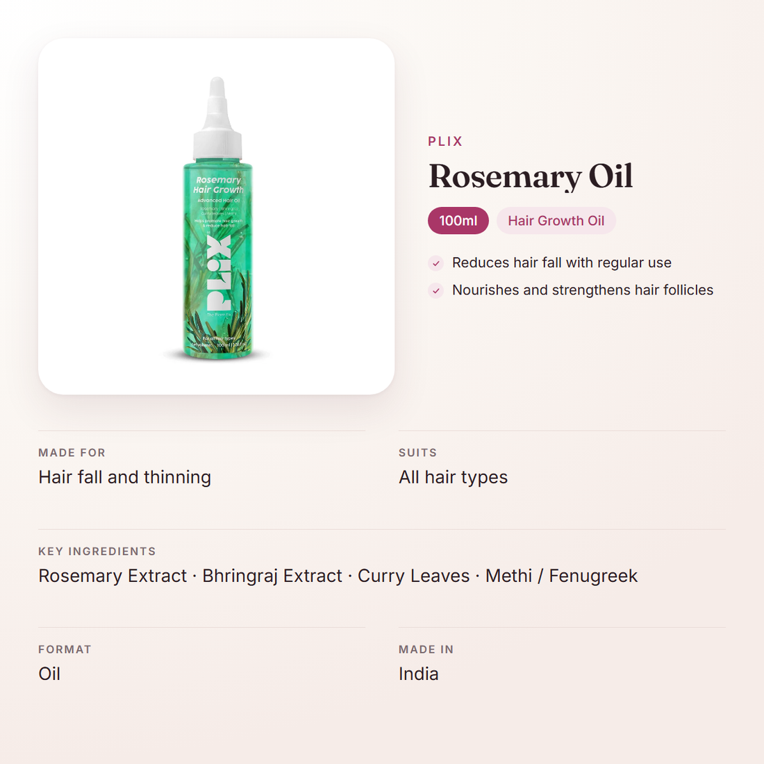 Plix Rosemary Oil (100ml) – at a glance: what it is for, who it suits and key ingredients