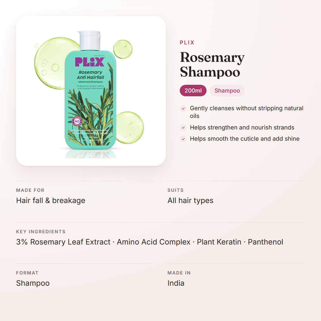 Plix Rosemary Shampoo (200ml) – at a glance: what it is for, who it suits and key ingredients