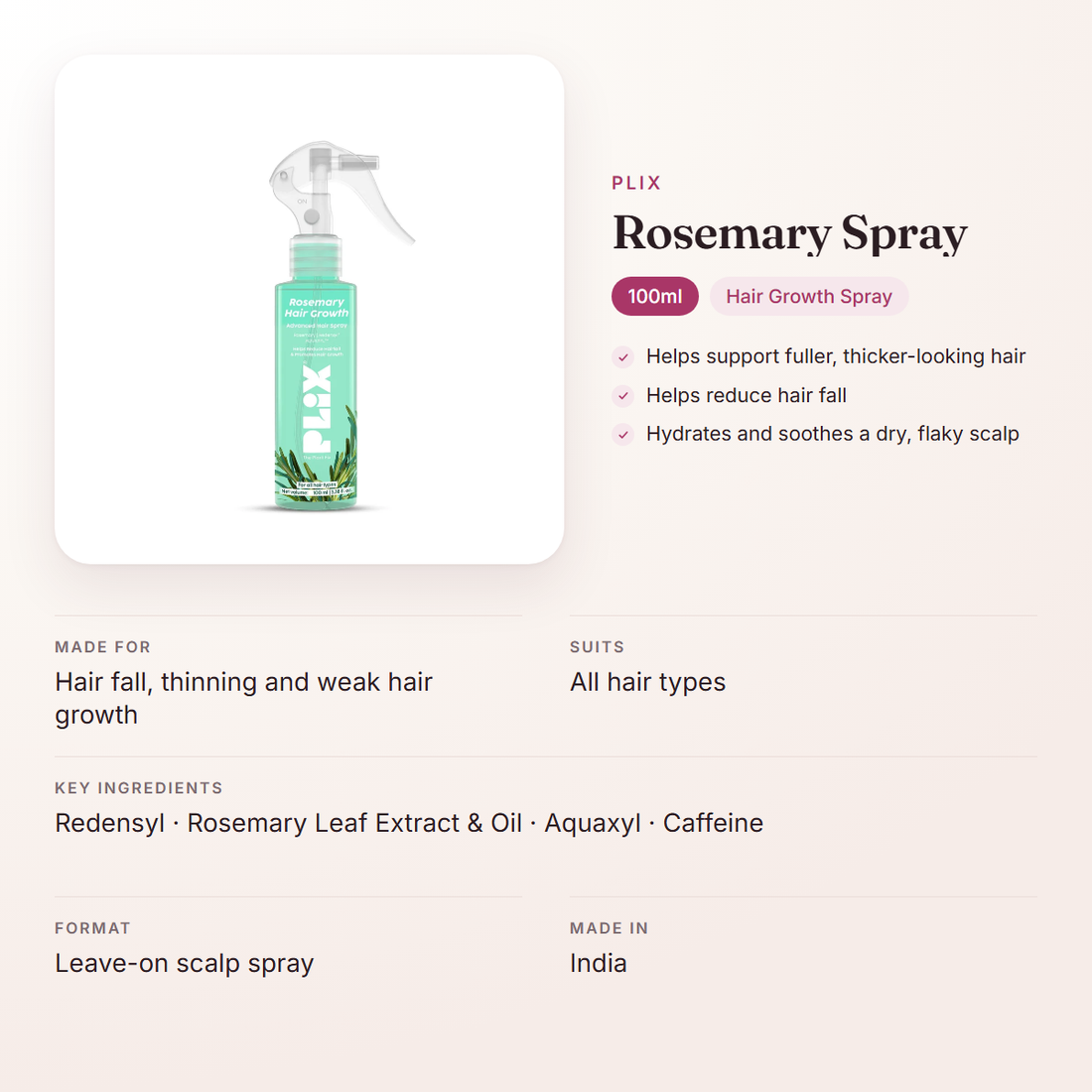 Plix Rosemary Spray (100ml) – at a glance: what it is for, who it suits and key ingredients