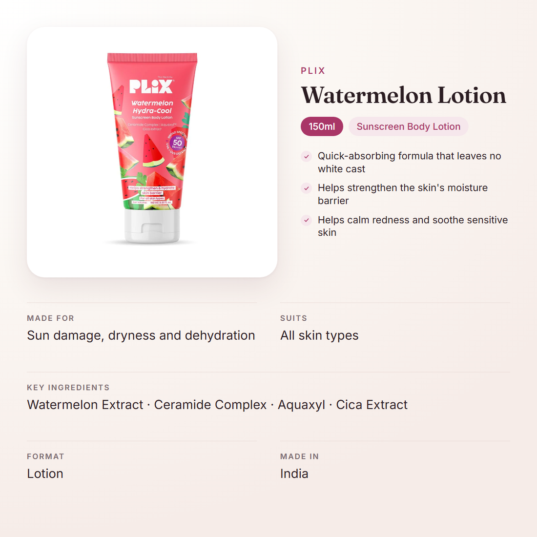 Plix Watermelon Lotion (150ml) – at a glance: what it is for, who it suits and key ingredients