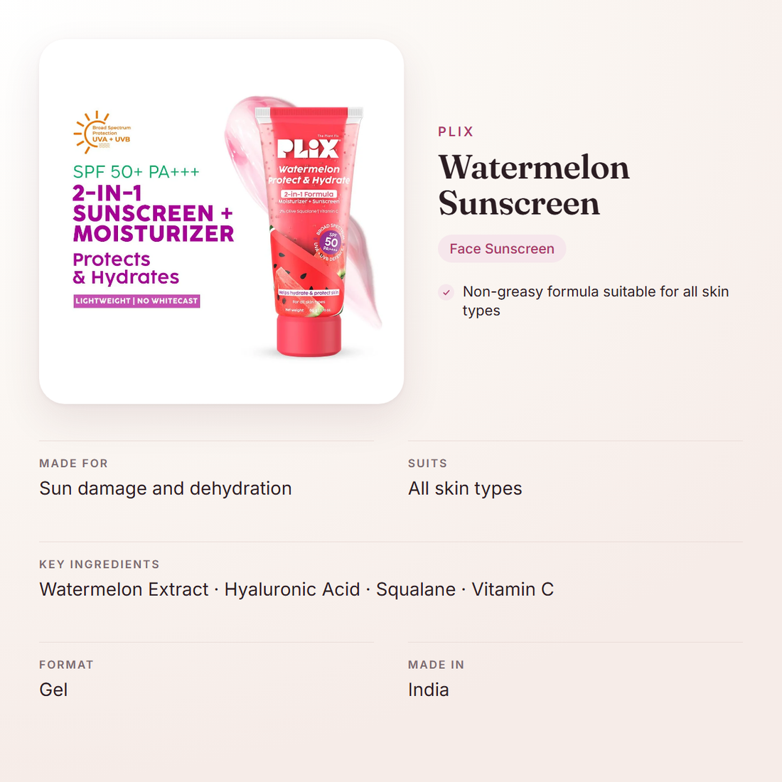 Plix Watermelon Sunscreen – at a glance: what it is for, who it suits and key ingredients