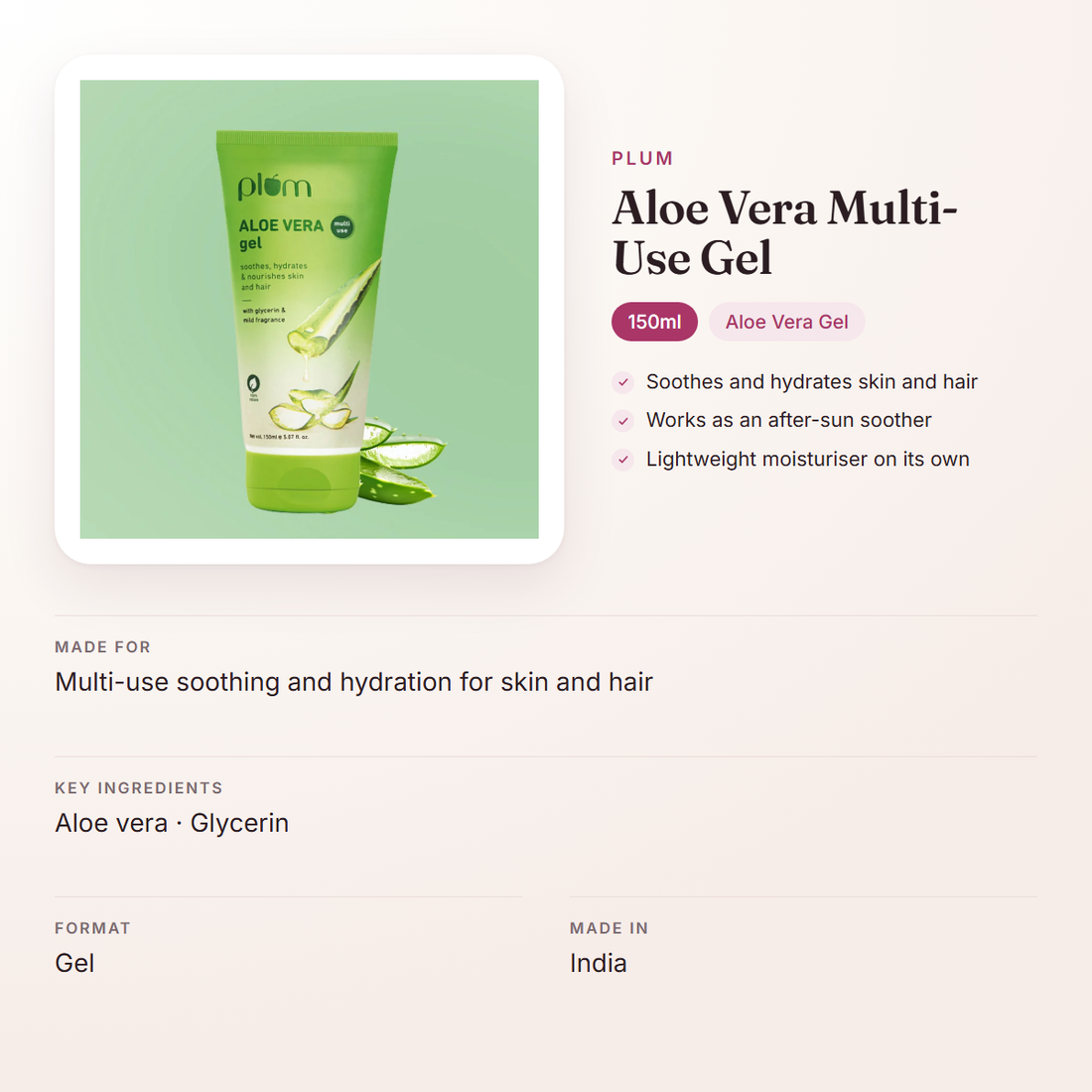 Plum Aloe Vera Multi-Use Gel (150ml) – at a glance: what it is for, who it suits and key ingredients
