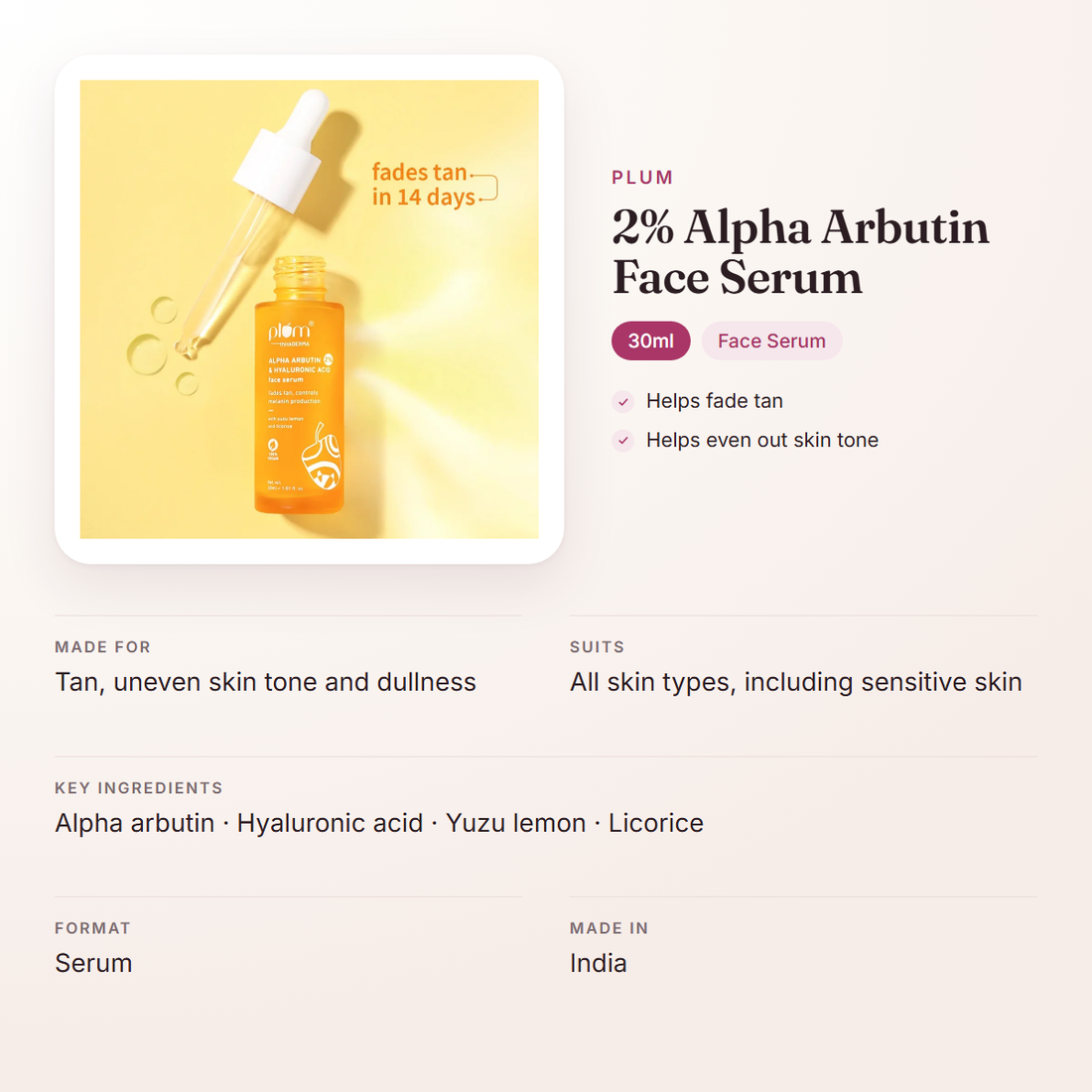 Plum 2% Alpha Arbutin Face Serum (30ml) – at a glance: what it is for, who it suits and key ingredients
