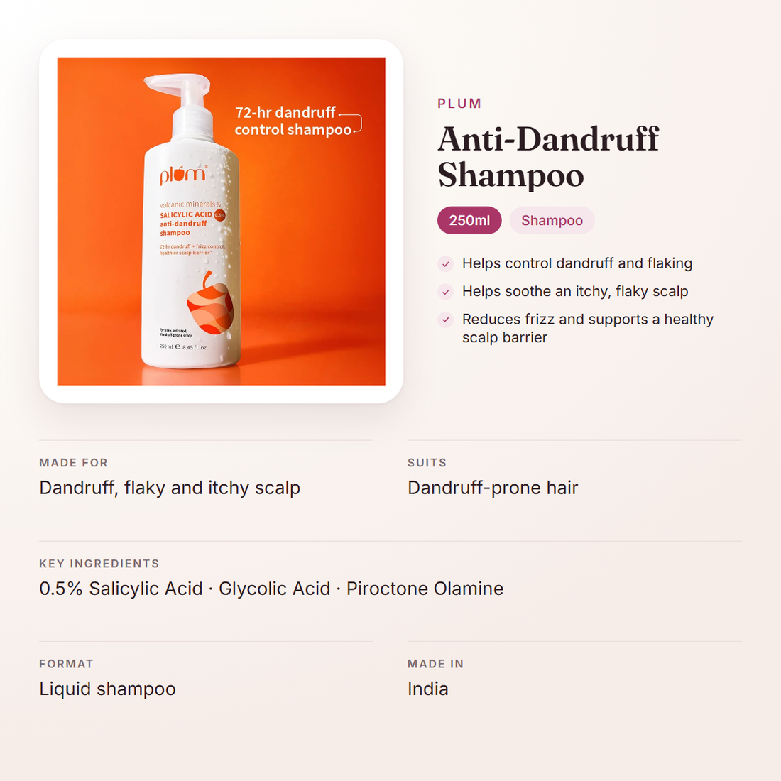 Plum Anti-Dandruff Shampoo (250ml) – at a glance: what it is for, who it suits and key ingredients