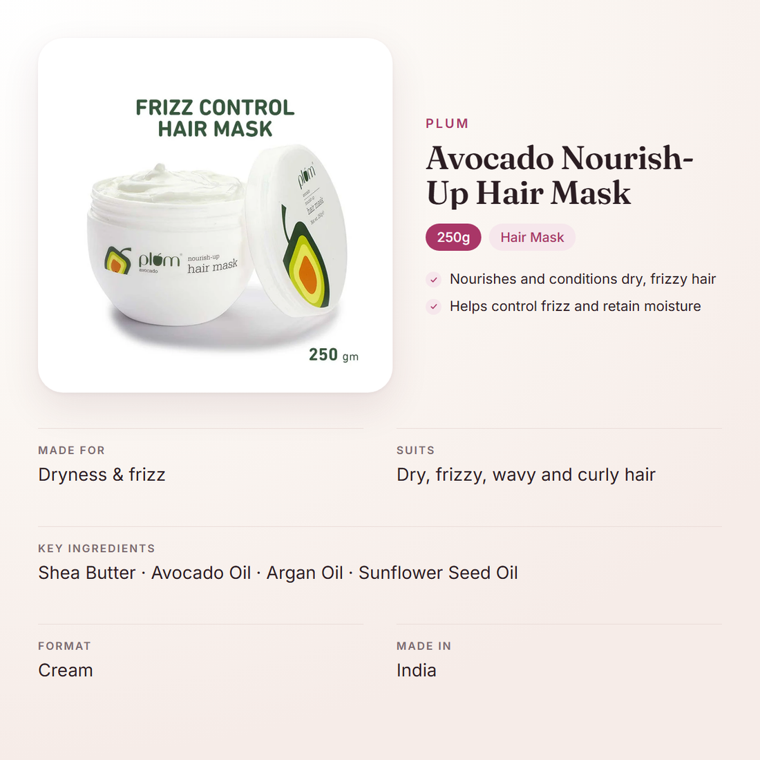 Plum Avocado Nourish-Up Hair Mask (250g) – at a glance: what it is for, who it suits and key ingredients