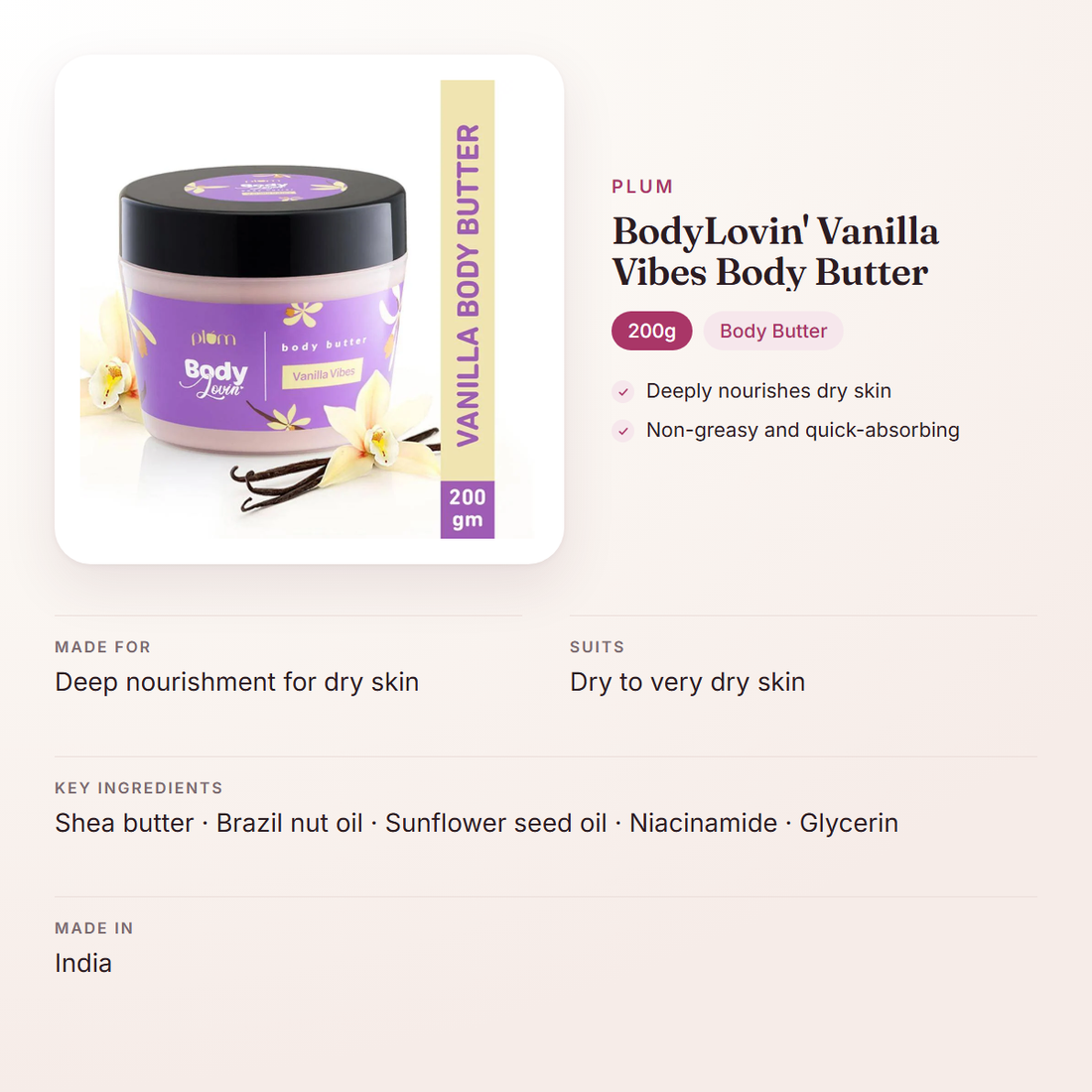 Plum BodyLovin' Vanilla Vibes Body Butter (200g) – at a glance: what it is for, who it suits and key ingredients