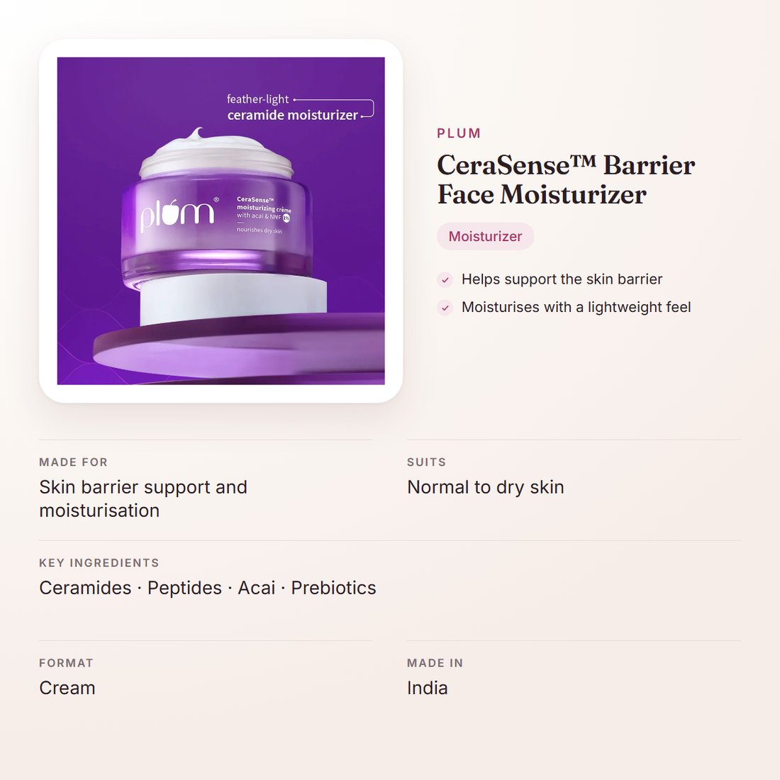 Plum CeraSense™ Barrier Face Moisturizer – at a glance: what it is for, who it suits and key ingredients