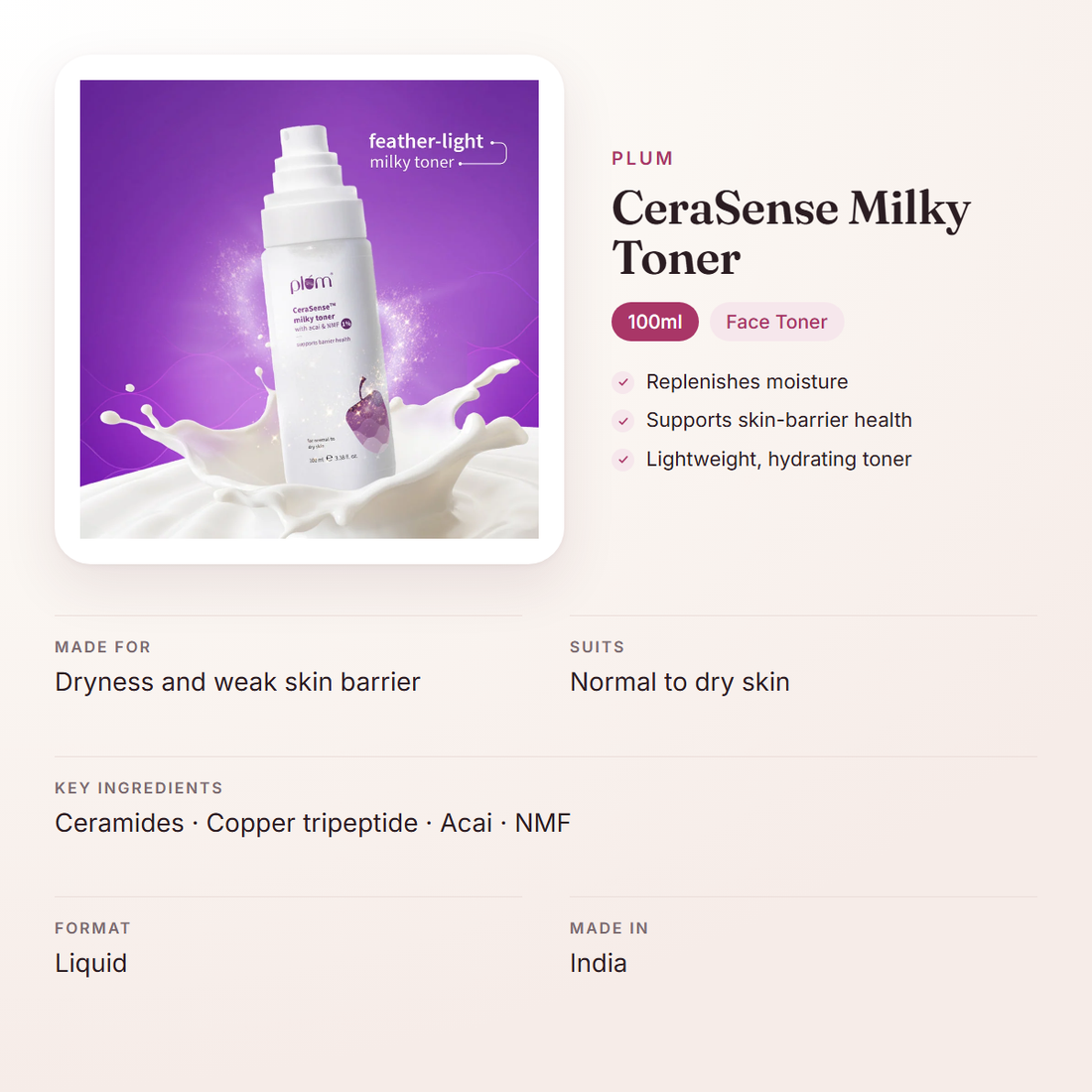 Plum CeraSense Milky Toner (100ml) – at a glance: what it is for, who it suits and key ingredients