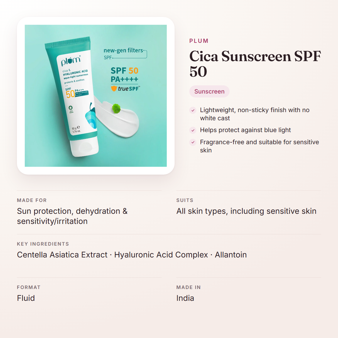Plum Cica Sunscreen SPF 50 – at a glance: what it is for, who it suits and key ingredients