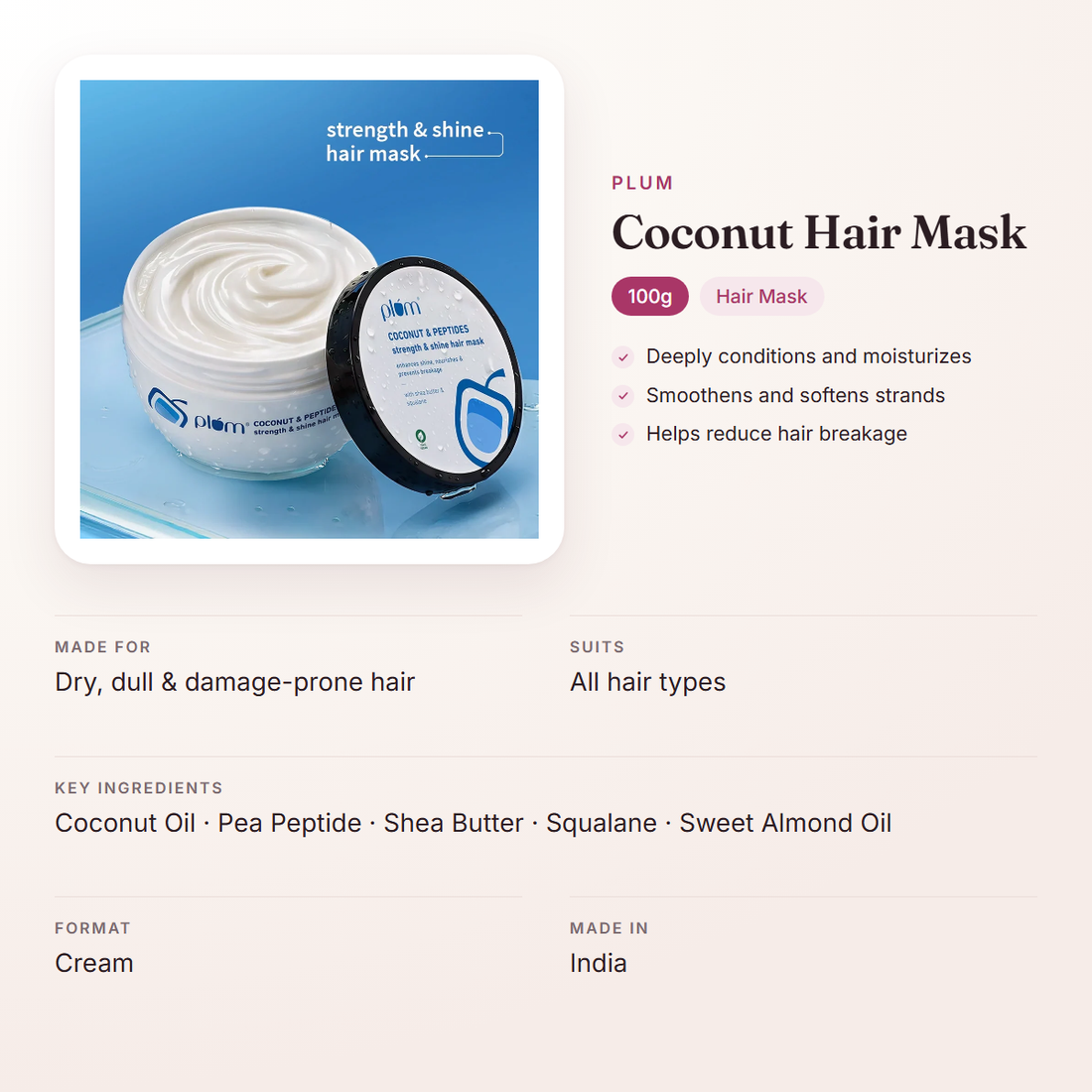 Plum Coconut Hair Mask (100g) – at a glance: what it is for, who it suits and key ingredients