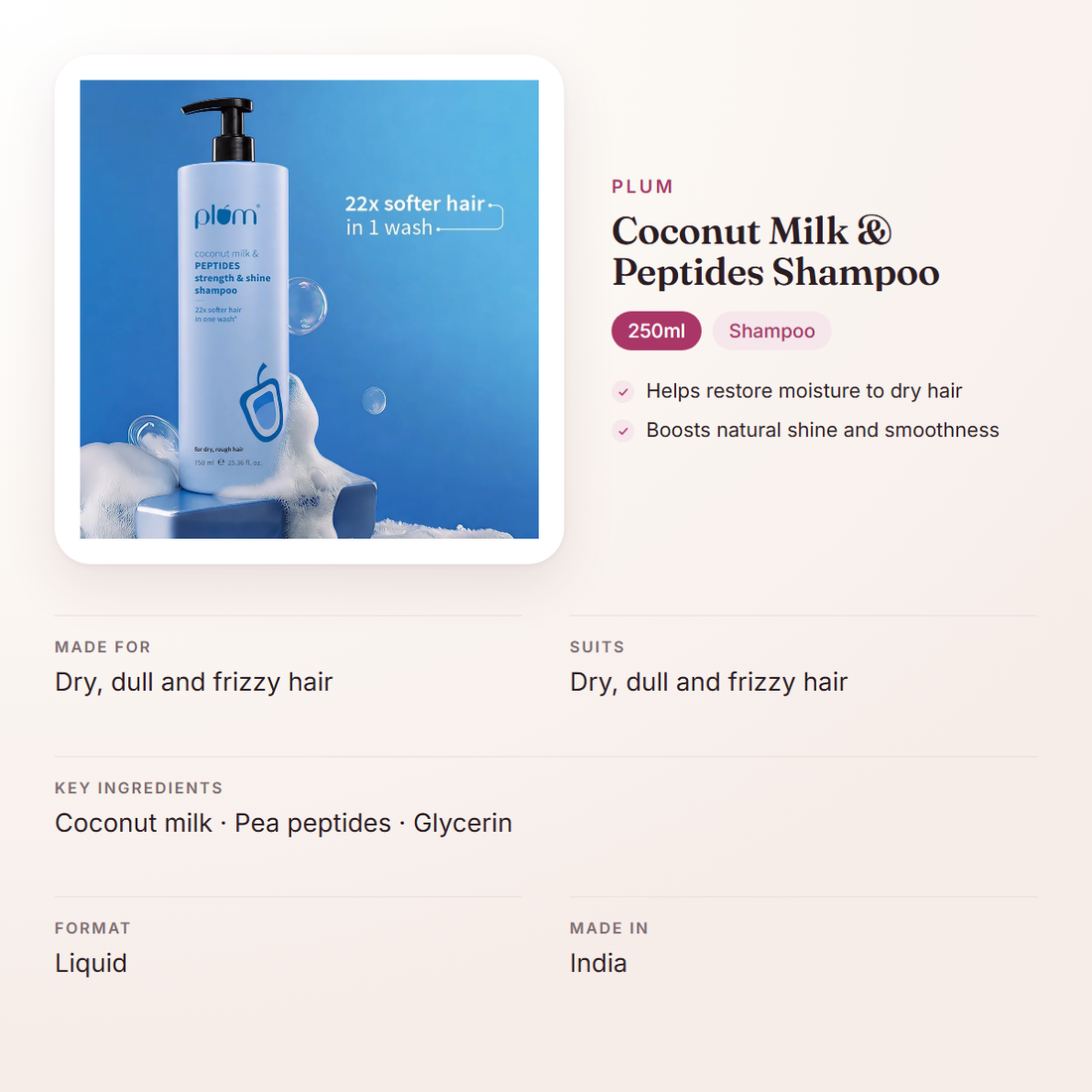 Plum Coconut Milk & Peptides Shampoo (250ml) – at a glance: what it is for, who it suits and key ingredients