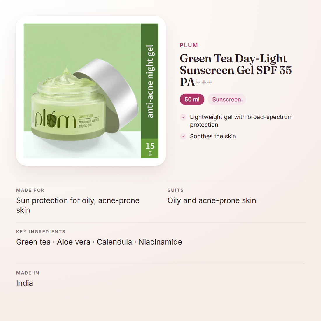 Plum Green Tea Day-Light Sunscreen Gel SPF 35 PA+++ (50 ml) – at a glance: what it is for, who it suits and key ingredients