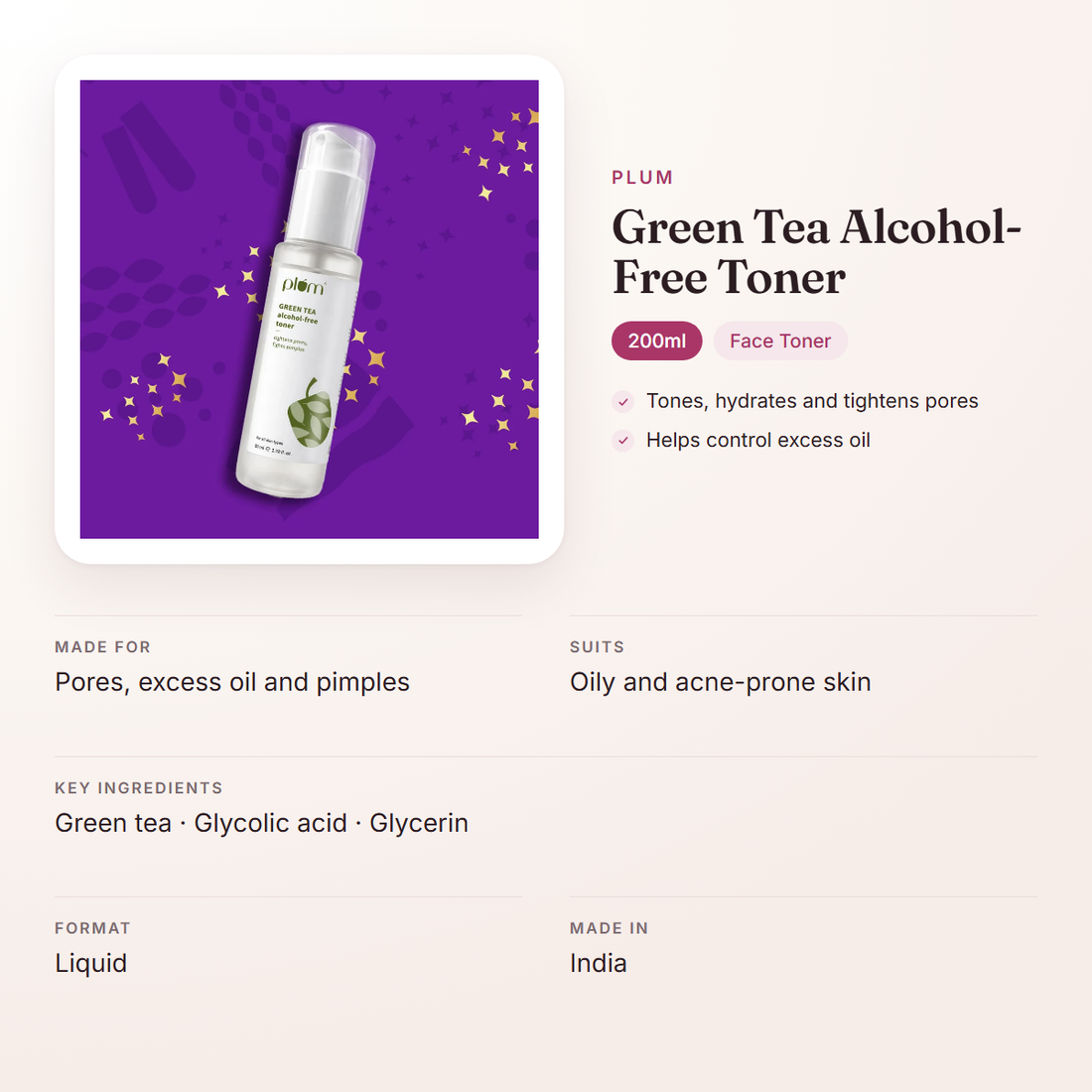 Plum Green Tea Alcohol-Free Toner (200ml) – at a glance: what it is for, who it suits and key ingredients
