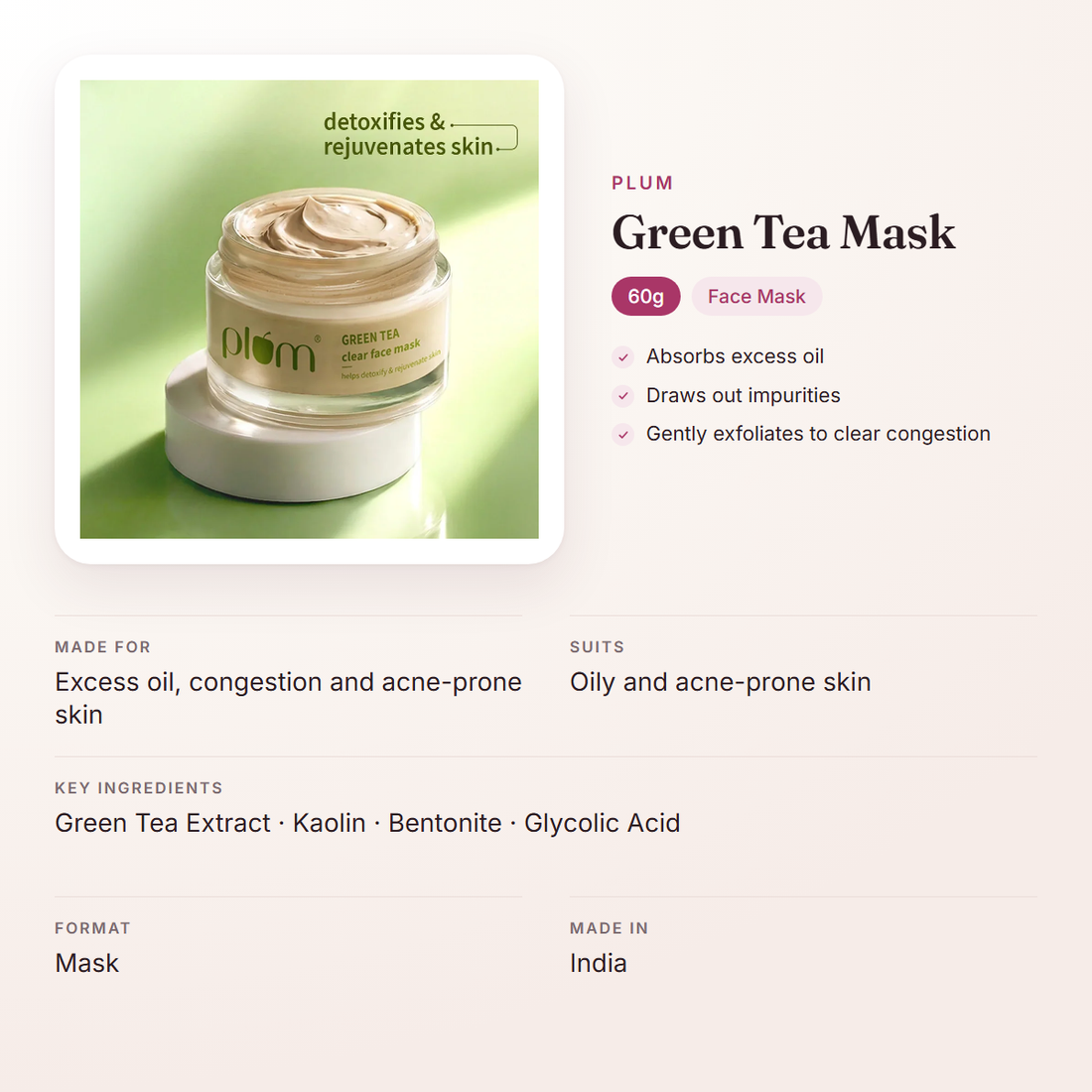 Plum Green Tea Mask (60g) – at a glance: what it is for, who it suits and key ingredients