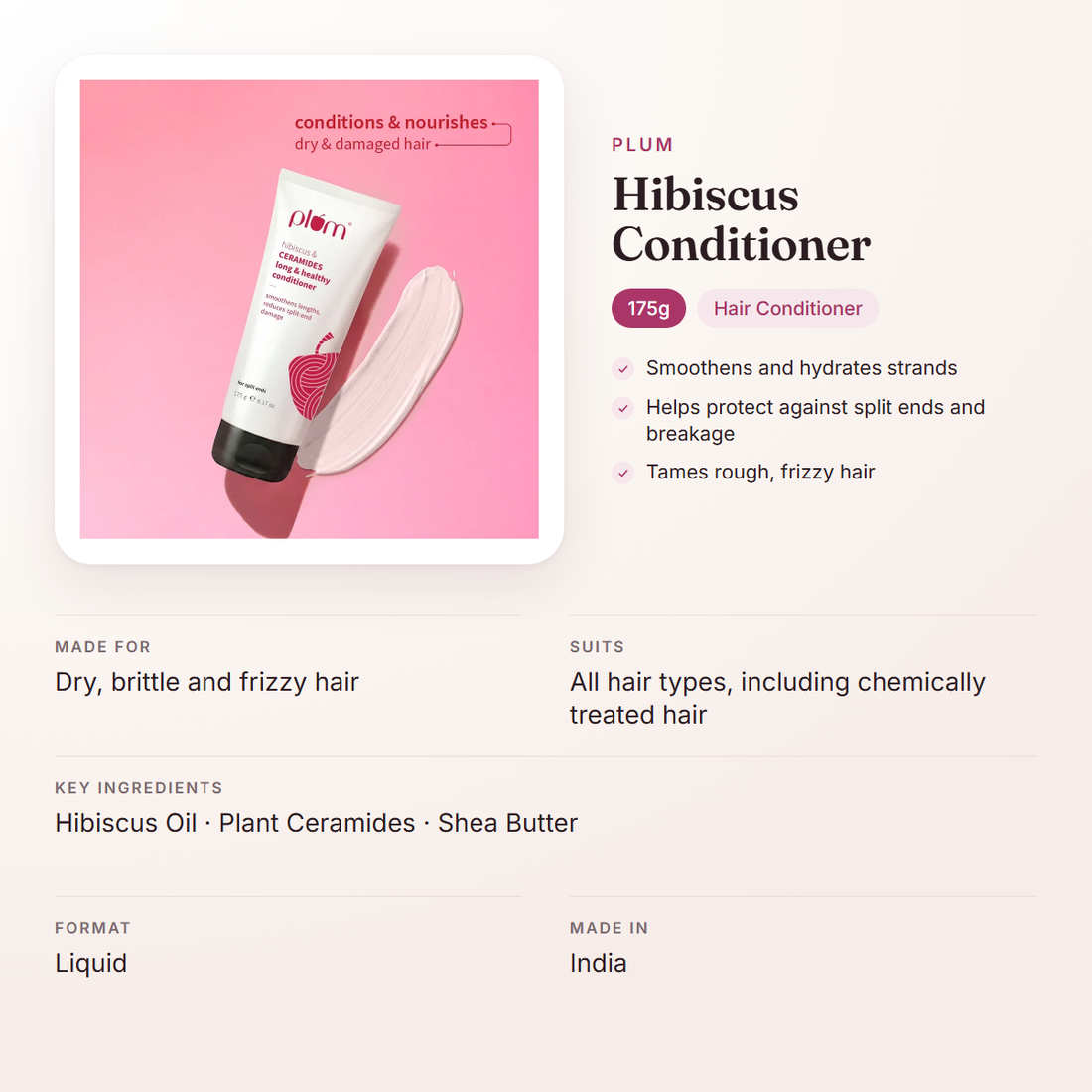 Plum Hibiscus Conditioner (175g) – at a glance: what it is for, who it suits and key ingredients