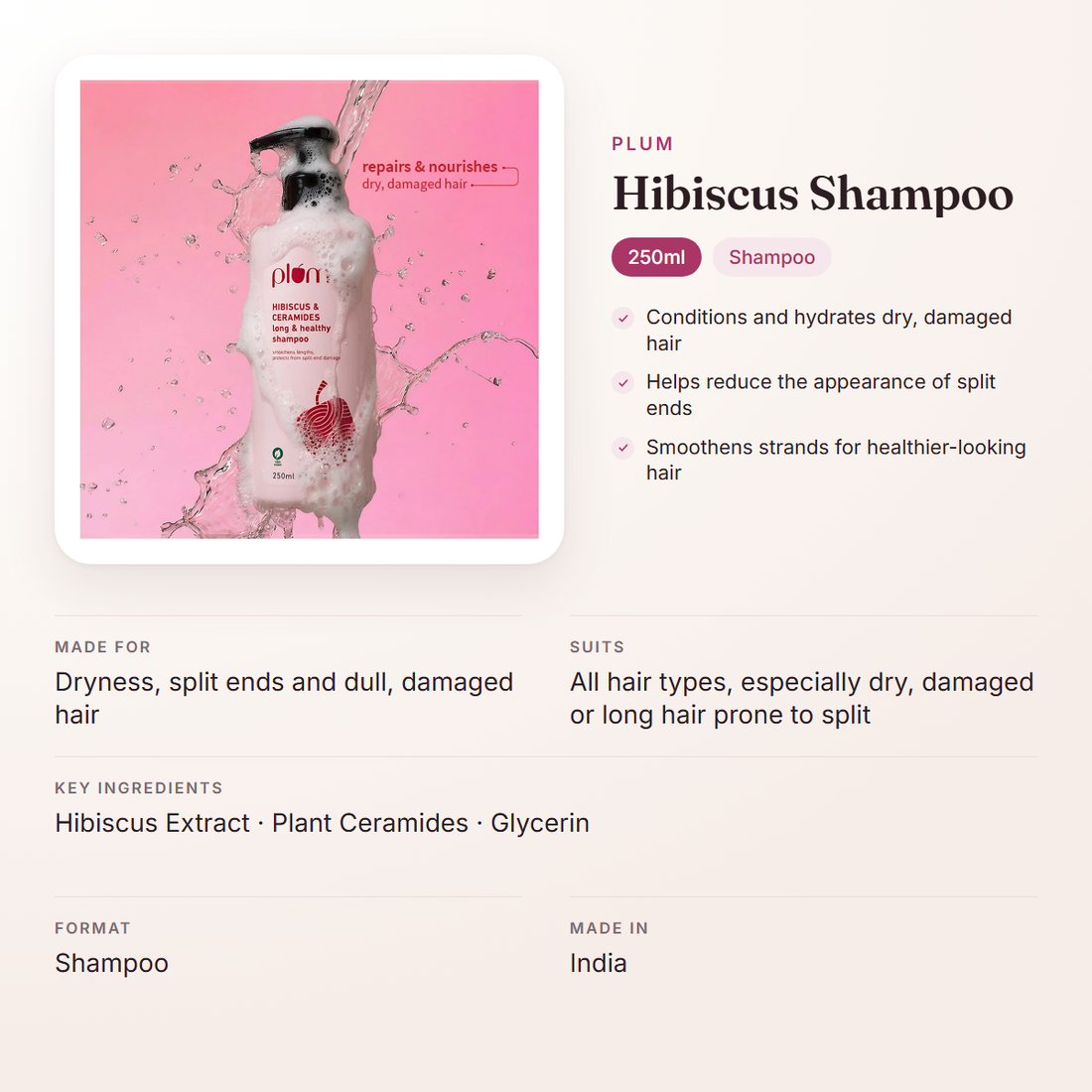 Plum Hibiscus Shampoo (250ml) – at a glance: what it is for, who it suits and key ingredients