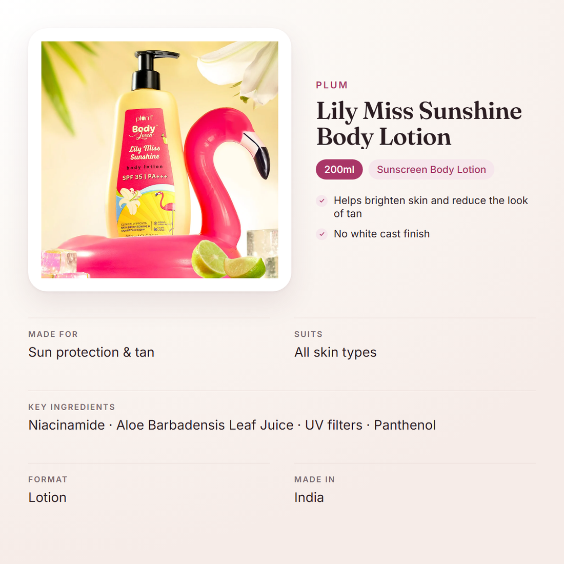 Plum Lily Miss Sunshine Body Lotion (200ml) – at a glance: what it is for, who it suits and key ingredients