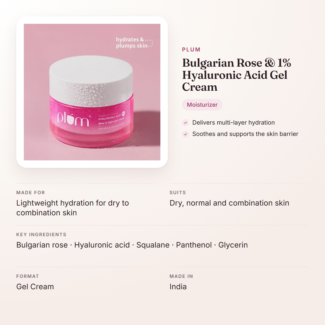 Plum Bulgarian Rose & 1% Hyaluronic Acid Gel Cream – at a glance: what it is for, who it suits and key ingredients