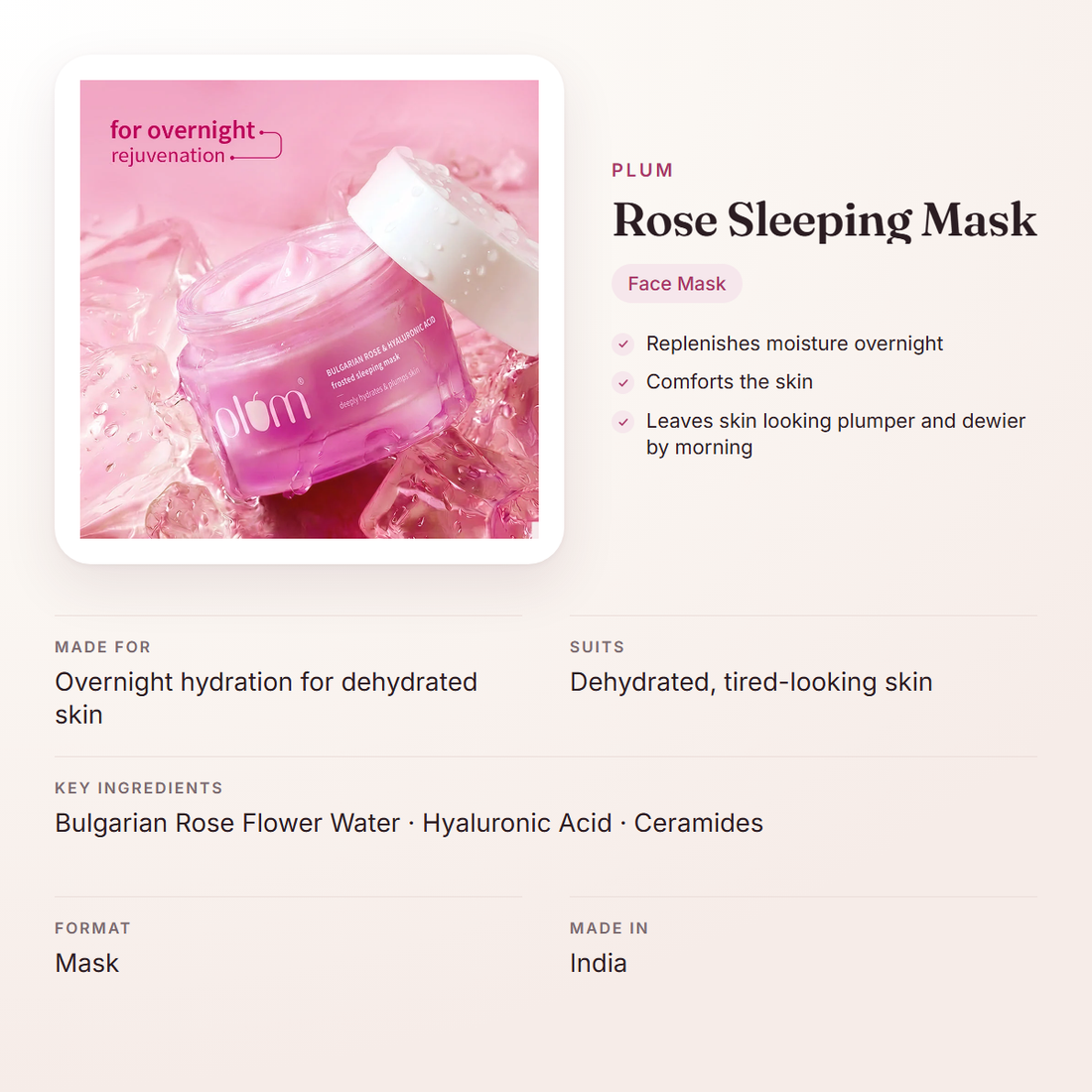 Plum Rose Sleeping Mask – at a glance: what it is for, who it suits and key ingredients