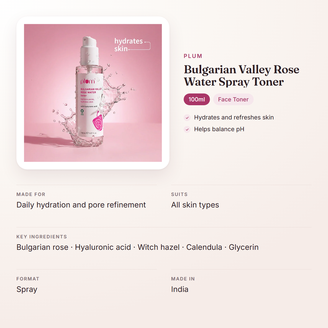 Plum Bulgarian Valley Rose Water Spray Toner (100ml) – at a glance: what it is for, who it suits and key ingredients