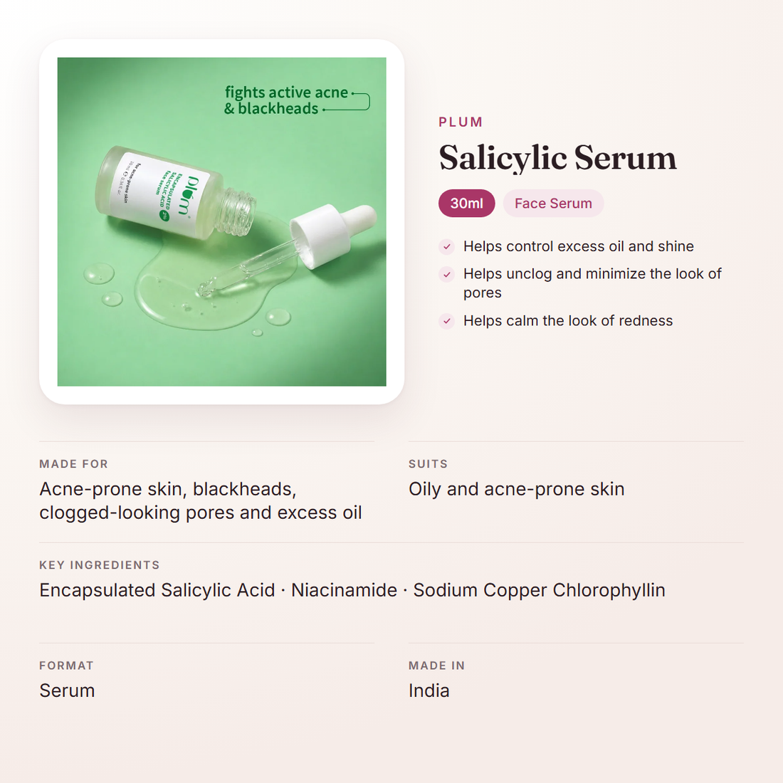 Plum Salicylic Serum (30ml) – at a glance: what it is for, who it suits and key ingredients