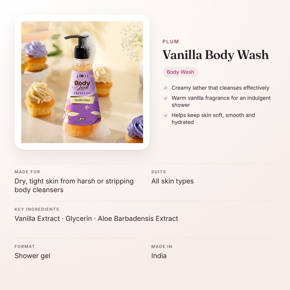 Plum Vanilla Body Wash – at a glance: what it is for, who it suits and key ingredients