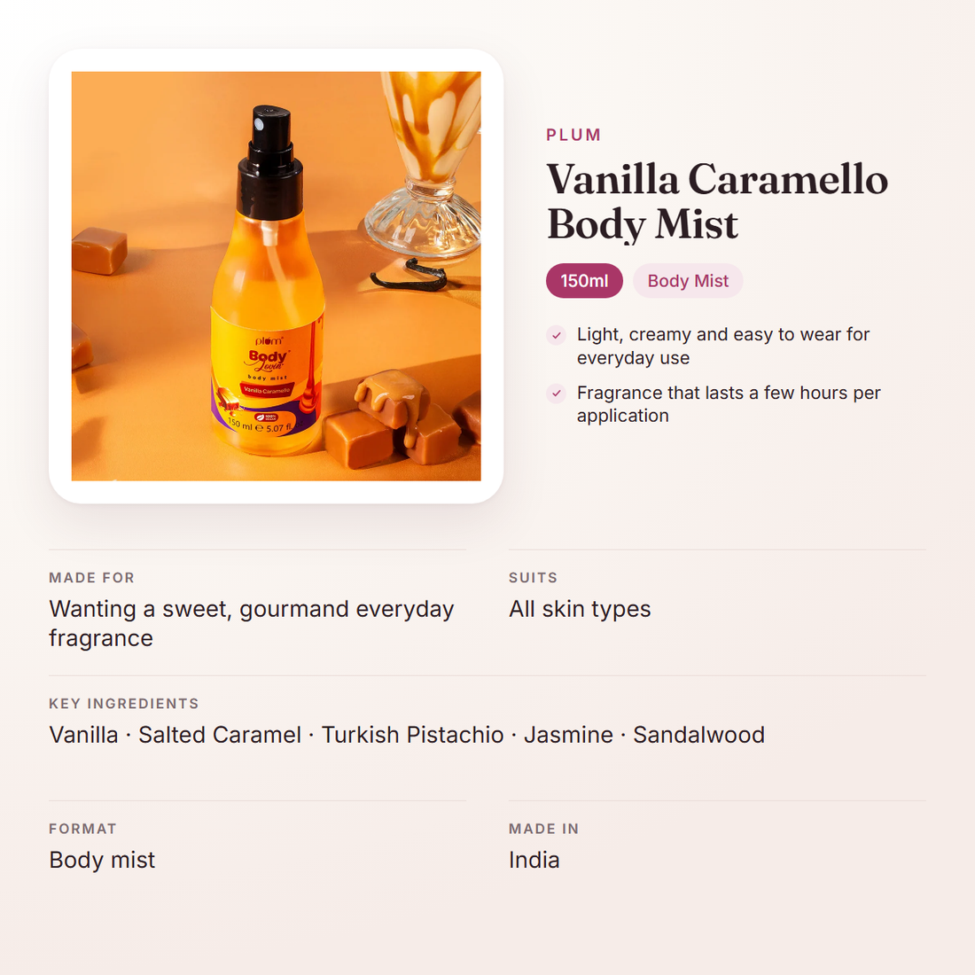 Plum Vanilla Caramello Body Mist (150ml) – at a glance: what it is for, who it suits and key ingredients