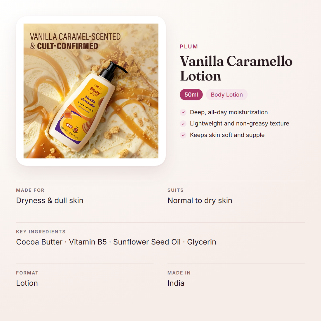 Plum Vanilla Caramello Lotion (50ml) – at a glance: what it is for, who it suits and key ingredients