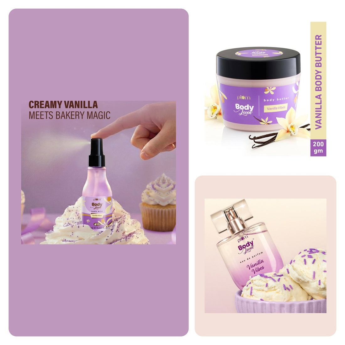 Plum Vanilla Vibes Fragrance & Body Gift Set: Plum BodyLovin' Vanilla Vibes Body Butter, Plum BodyLovin' Vanilla Vibes Body Mist, Plum BodyLovin' Vanilla Vibes Eau De Parfum