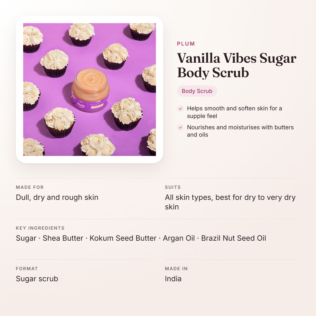 Plum Vanilla Vibes Sugar Body Scrub – at a glance: what it is for, who it suits and key ingredients