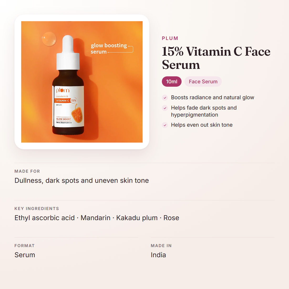 Plum 15% Vitamin C Face Serum (10ml) – at a glance: what it is for, who it suits and key ingredients