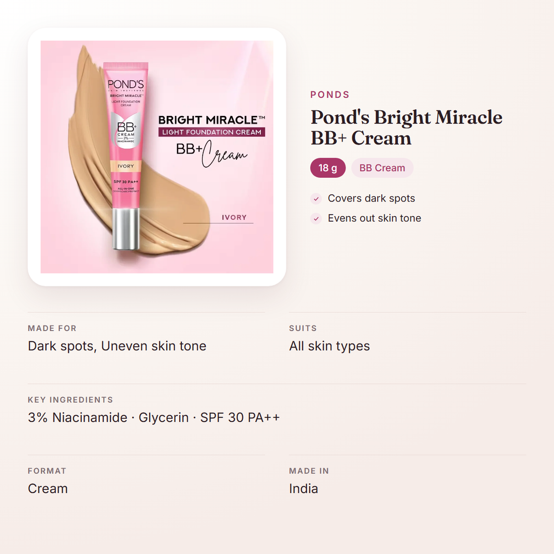 Ponds Pond's Bright Miracle BB+ Cream (18 g) – at a glance: what it is for, who it suits and key ingredients