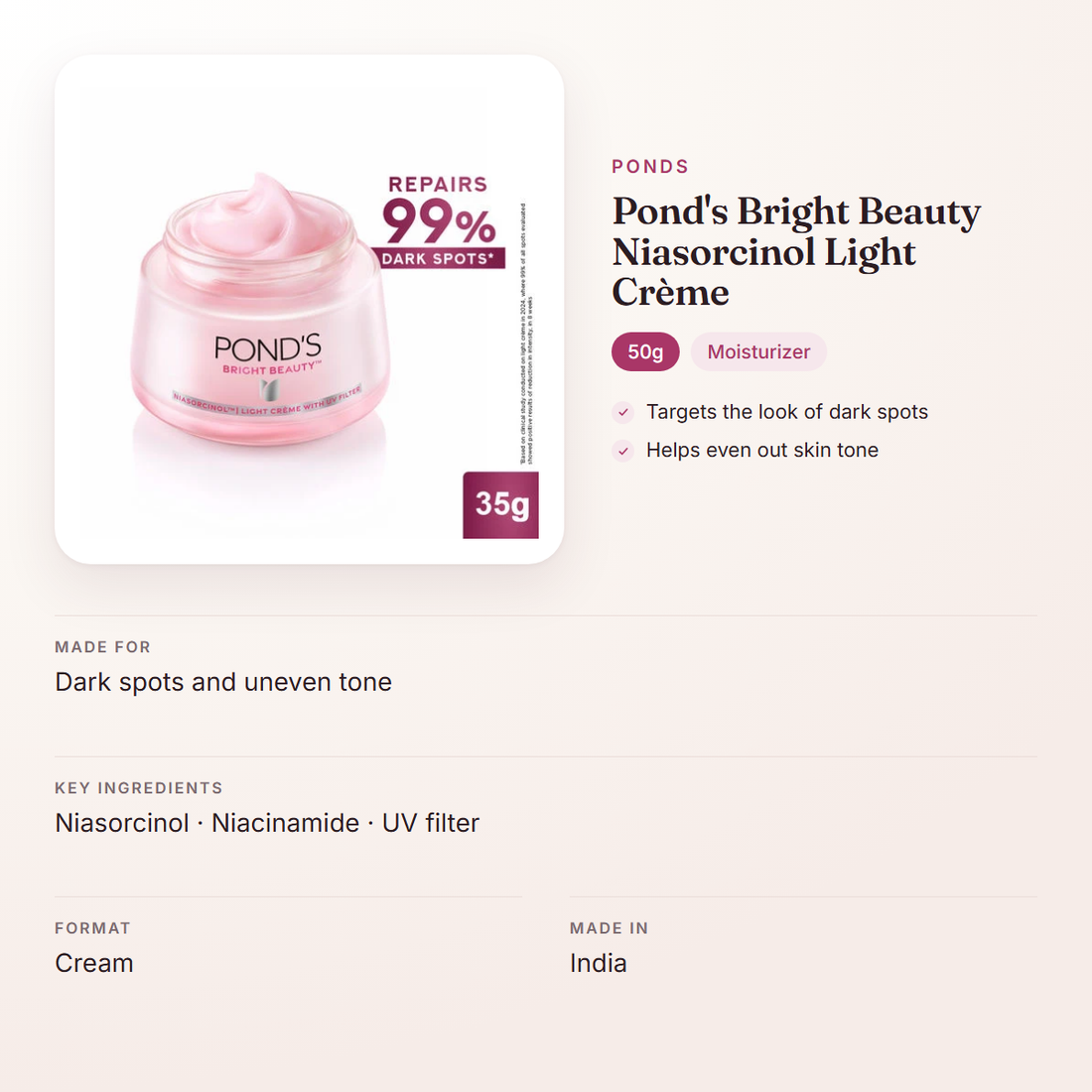 Ponds Pond's Bright Beauty Niasorcinol Light Crème (50g) – at a glance: what it is for, who it suits and key ingredients