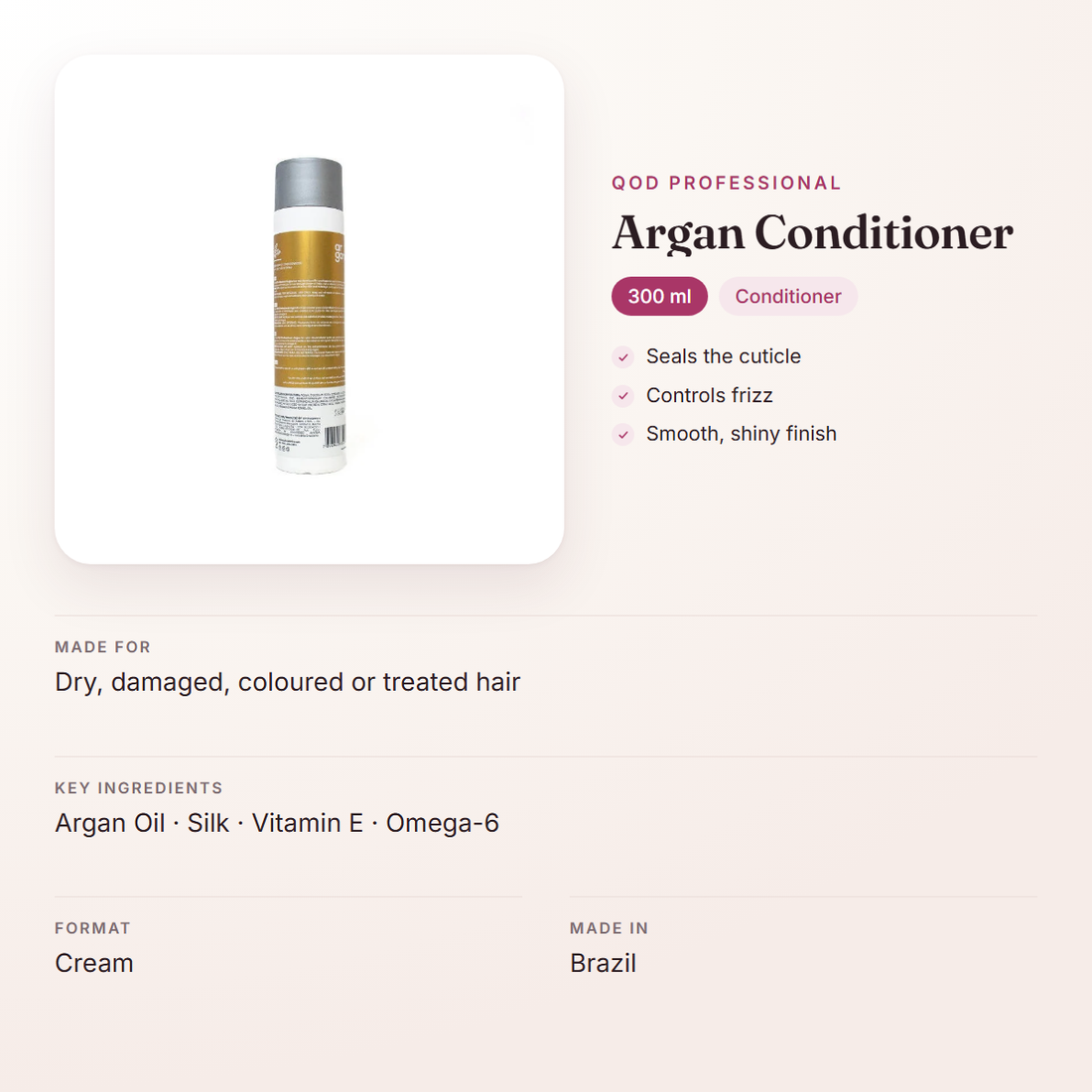 QOD Professional Argan Conditioner (300 ml) – at a glance: what it is for, who it suits and key ingredients