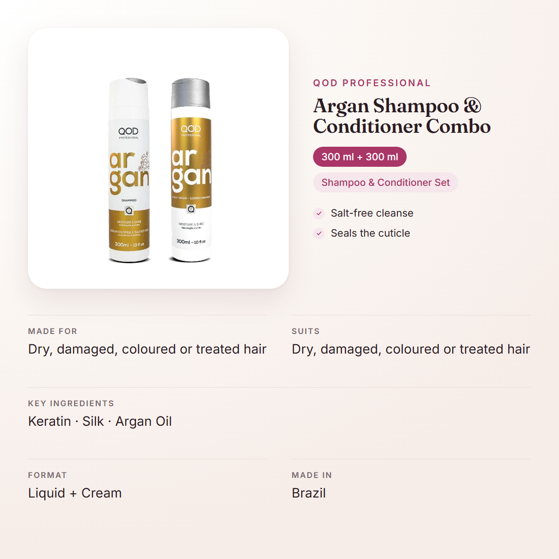 QOD Professional Argan Shampoo & Conditioner Combo (300 ml + 300 ml) – at a glance: what it is for, who it suits and key ingredients