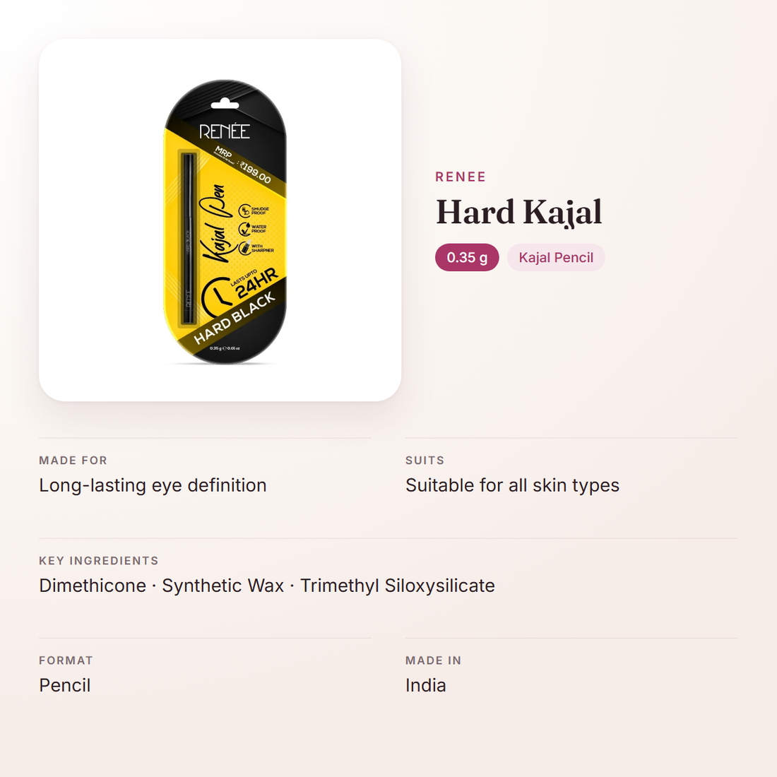 RENEE Hard Kajal (0.35 g) – at a glance: what it is for, who it suits and key ingredients
