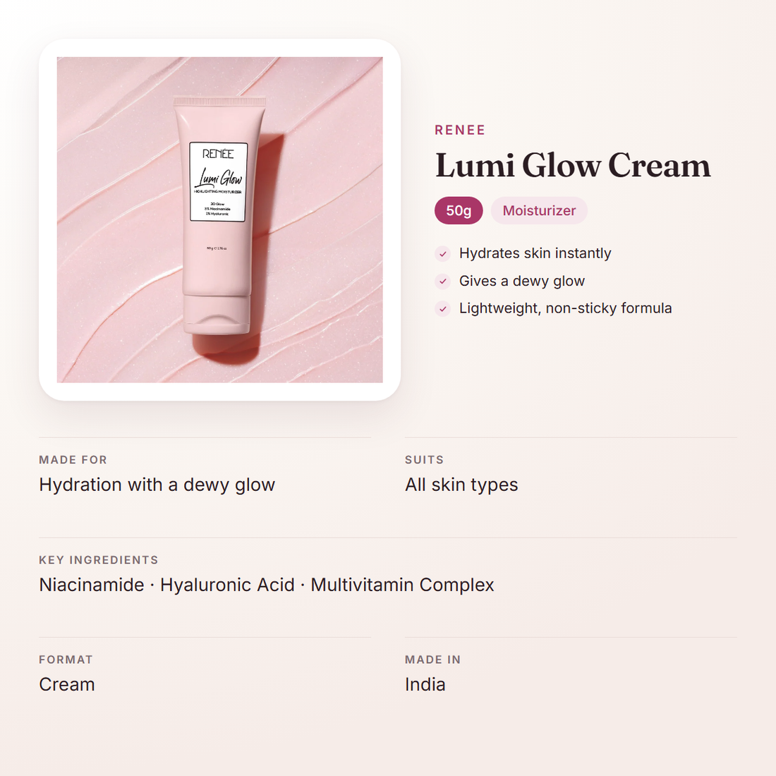 RENEE Lumi Glow Cream (50g) – at a glance: what it is for, who it suits and key ingredients