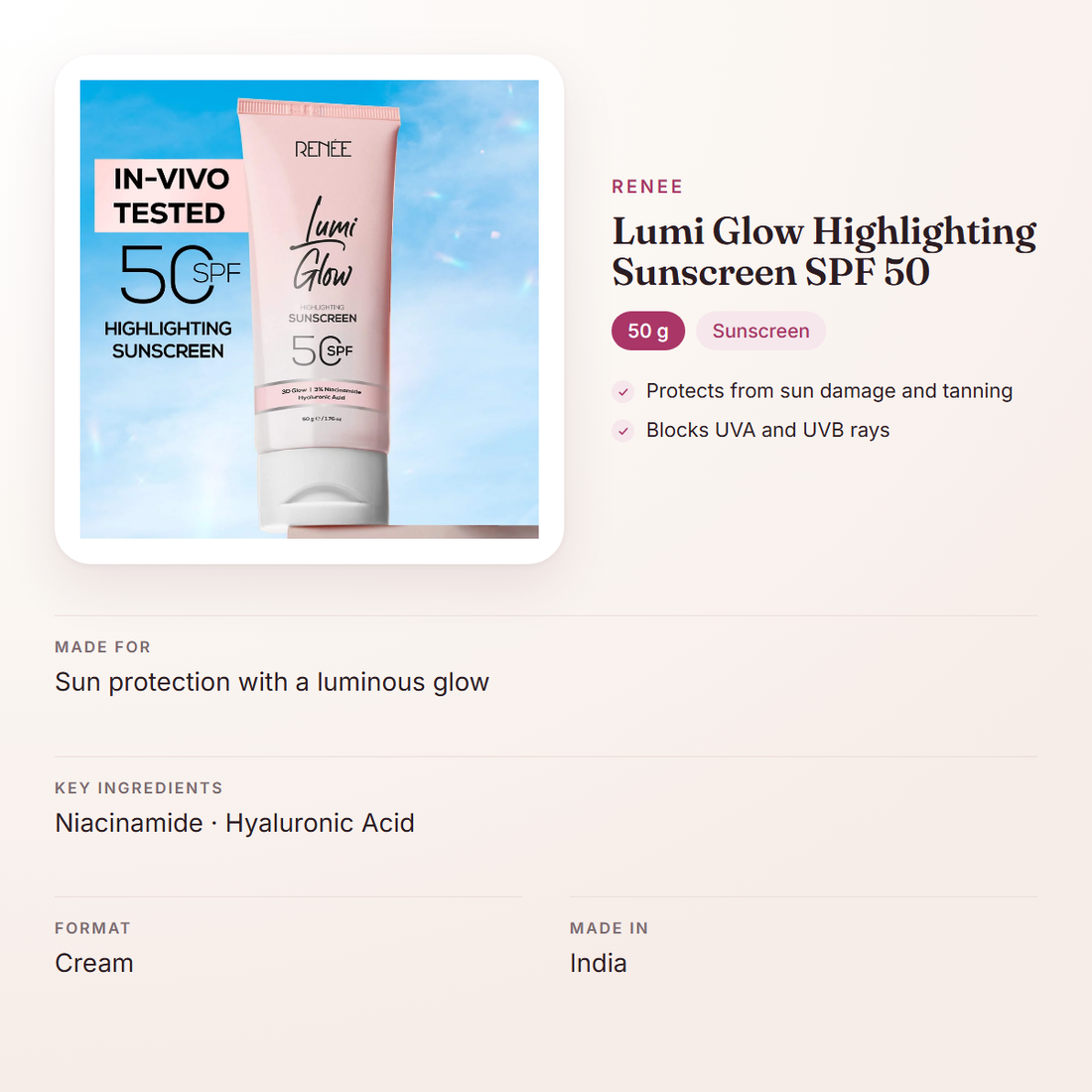 RENEE Lumi Glow Highlighting Sunscreen SPF 50 (50 g) – at a glance: what it is for, who it suits and key ingredients