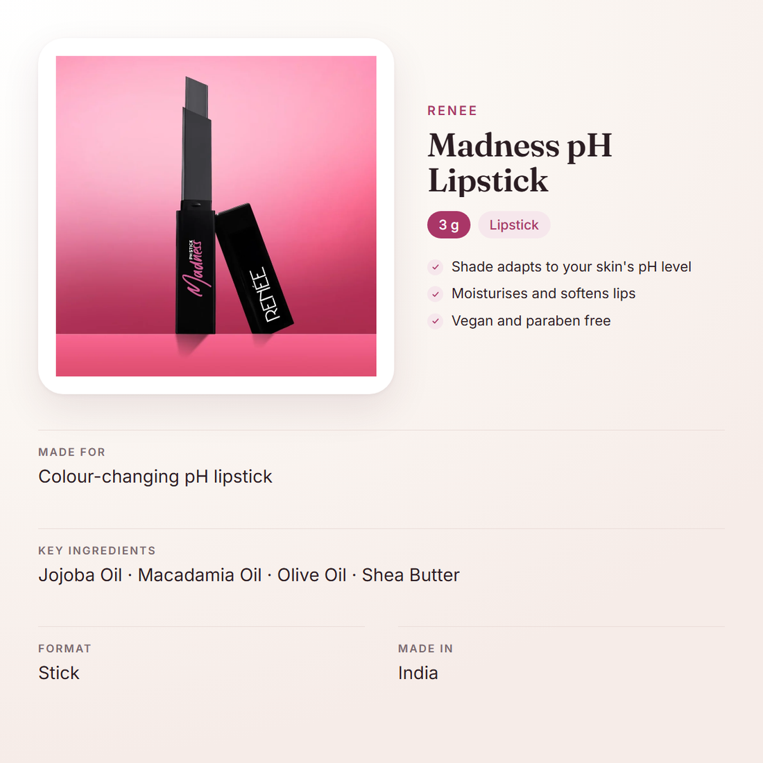 RENEE Madness pH Lipstick (3 g) – at a glance: what it is for, who it suits and key ingredients