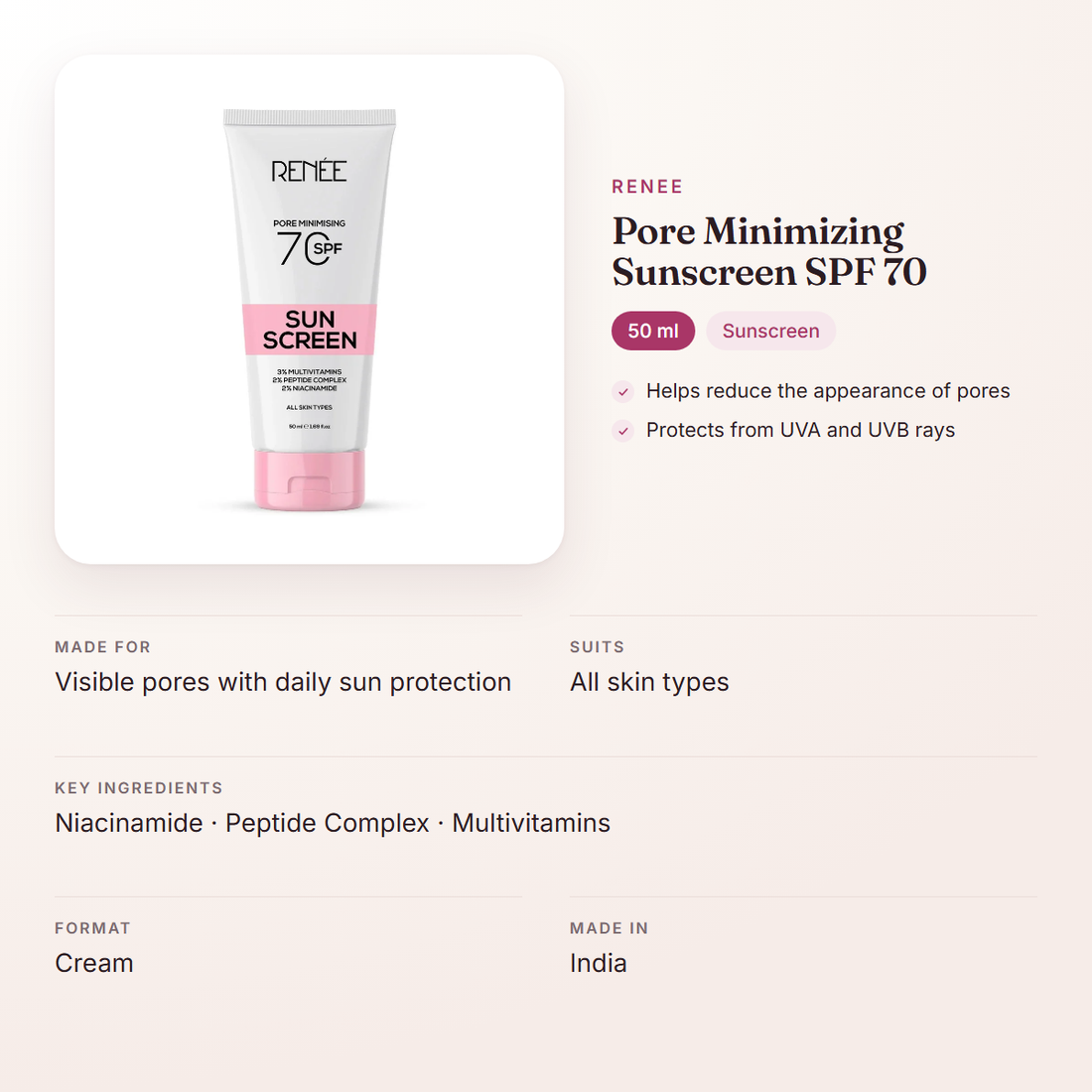 RENEE Pore Minimizing Sunscreen SPF 70 (50 ml) – at a glance: what it is for, who it suits and key ingredients