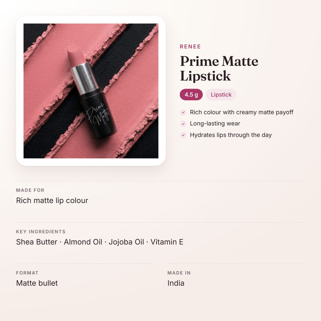 RENEE Prime Matte Lipstick (4.5 g) – at a glance: what it is for, who it suits and key ingredients