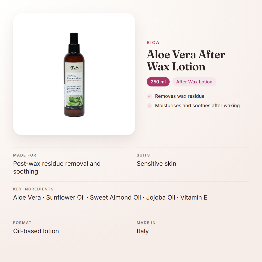 Rica Aloe Vera After Wax Lotion (250 ml) – at a glance: what it is for, who it suits and key ingredients