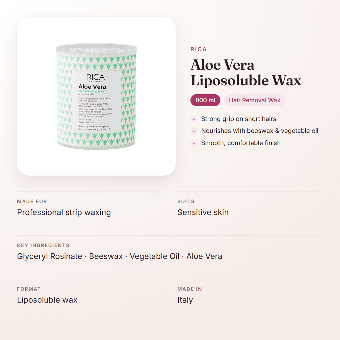Rica Aloe Vera Liposoluble Wax (800 ml) – at a glance: what it is for, who it suits and key ingredients
