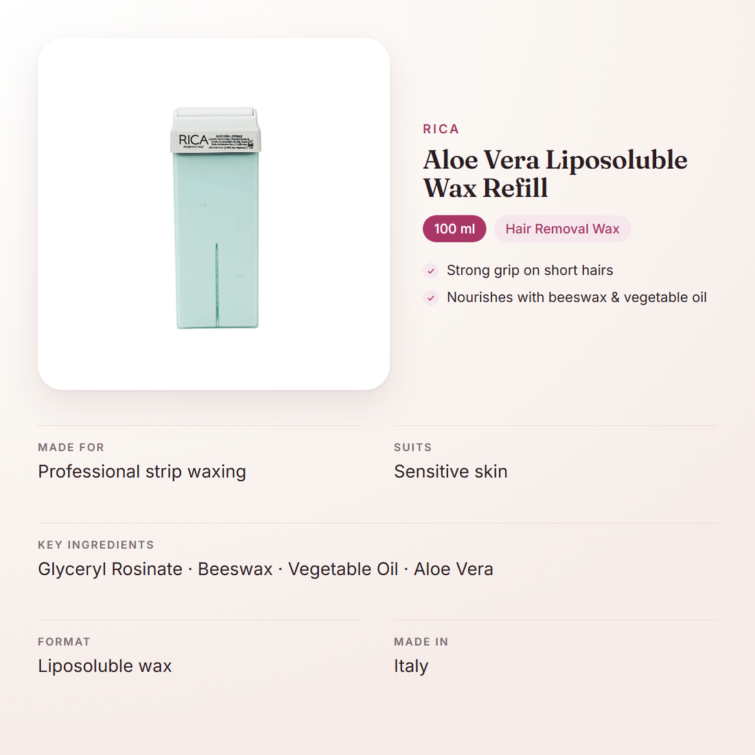 Rica Aloe Vera Liposoluble Wax Refill (100 ml) – at a glance: what it is for, who it suits and key ingredients