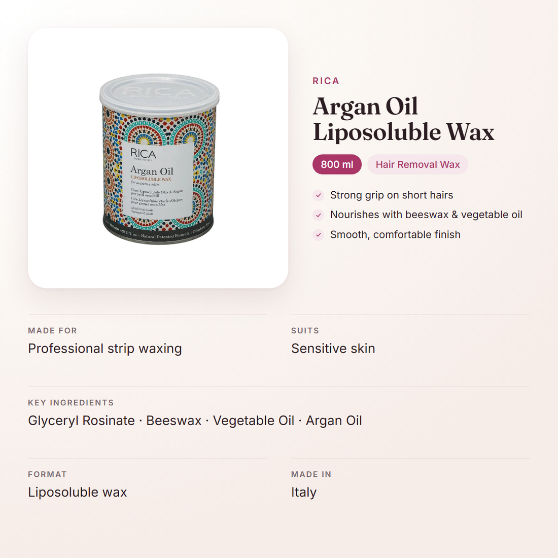 Rica Argan Oil Liposoluble Wax (800 ml) – at a glance: what it is for, who it suits and key ingredients