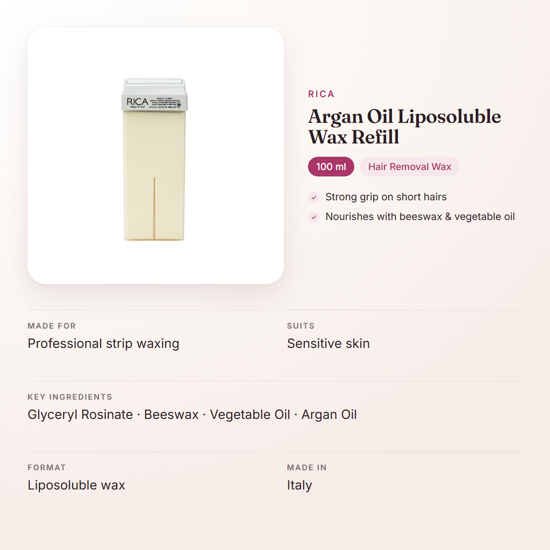 Rica Argan Oil Liposoluble Wax Refill (100 ml) – at a glance: what it is for, who it suits and key ingredients