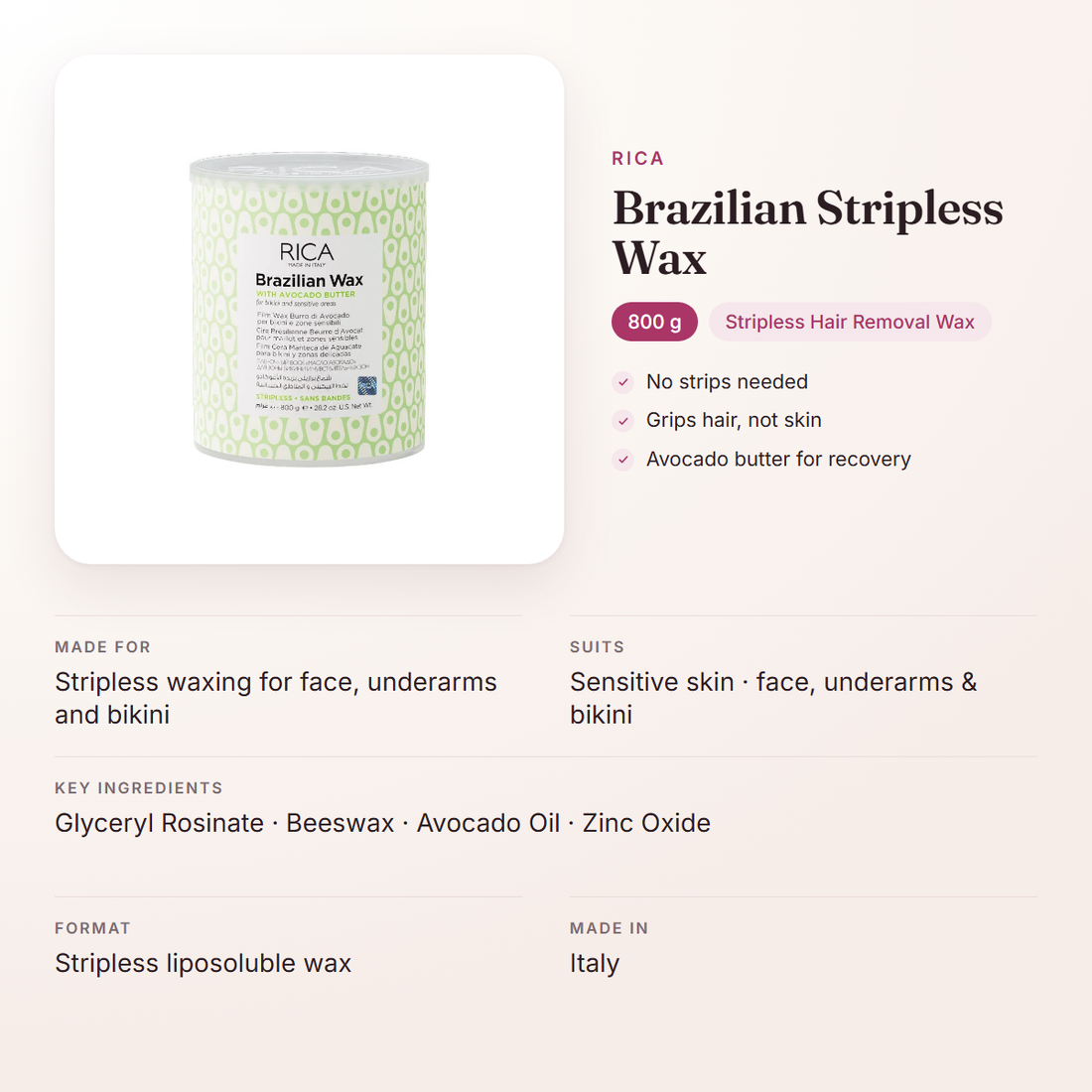 Rica Brazilian Stripless Wax (800 g) – at a glance: what it is for, who it suits and key ingredients